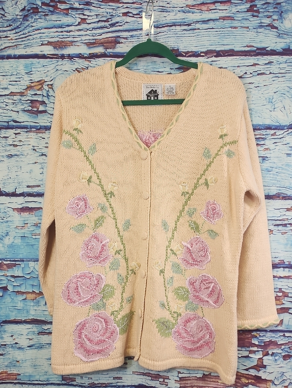 Storybook Knits Cream Cardigan with Pink Rose Embroidery